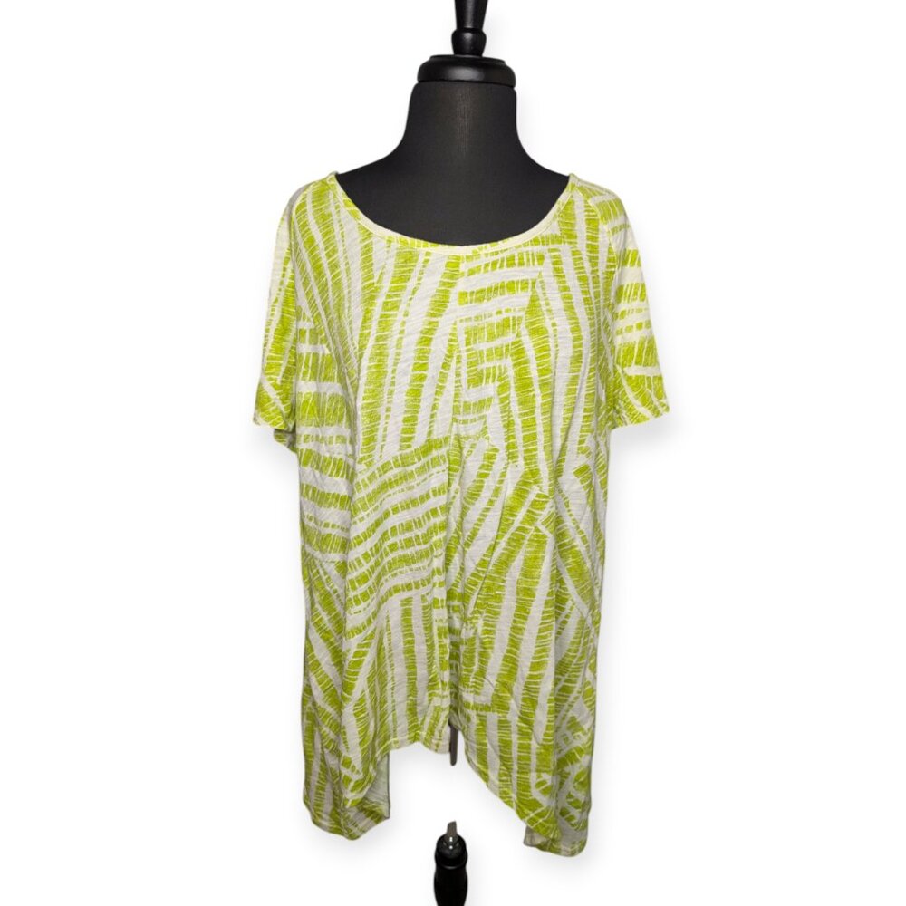 Woman Within Yellow/Green Shark Bite Hem Short Sleeve Scoop Neck Top Size Large